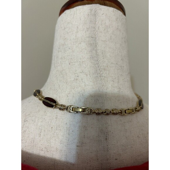 Monet Deep Red Enameled Necklace 16-18 Inches Gold Tone Extenders Signed - Picture 8 of 10